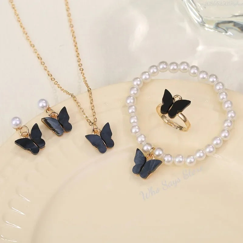 4pcs/Set Sweet Jewelry Set Butterfly Pendant Imitation Pearl Necklace