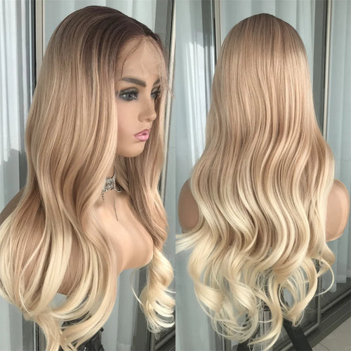 Body Wave Lace Front Wig Highlight Ash Blonde Lace Frontal Synthetic