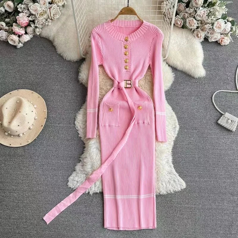 Autumn Winter Women Knitted Dress Brand Fashion O-neck Buttons Bodycon