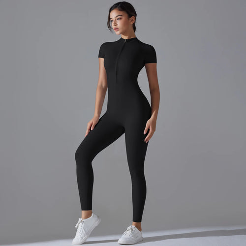 Yoga Set Women's Jumpsuits One-Piece Suit Zipper Short Sleeve Gym Push