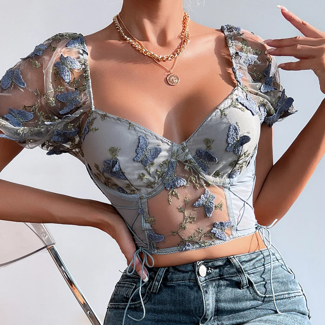 Yimunancy Floral Embroidery Crop Tops Women Puff Sleeve Ruched Backless Boho Tops