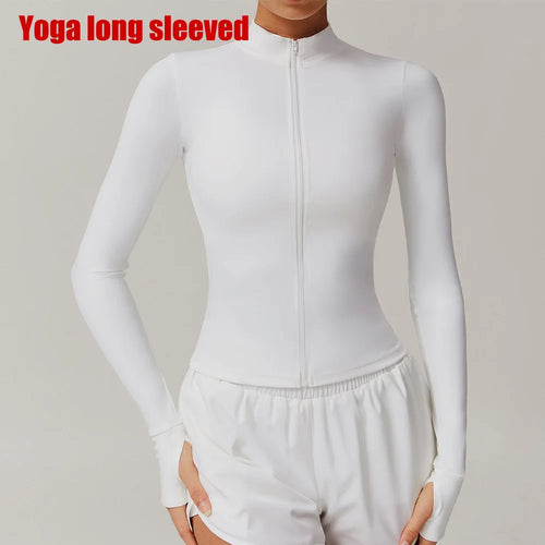 Women Zipper Jacket Yoga T-shirts Solid Sports Top Long Sleeve Crop