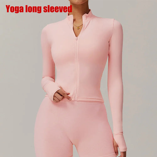 Women Zipper Jacket Yoga T-shirts Solid Sports Top Long Sleeve Crop