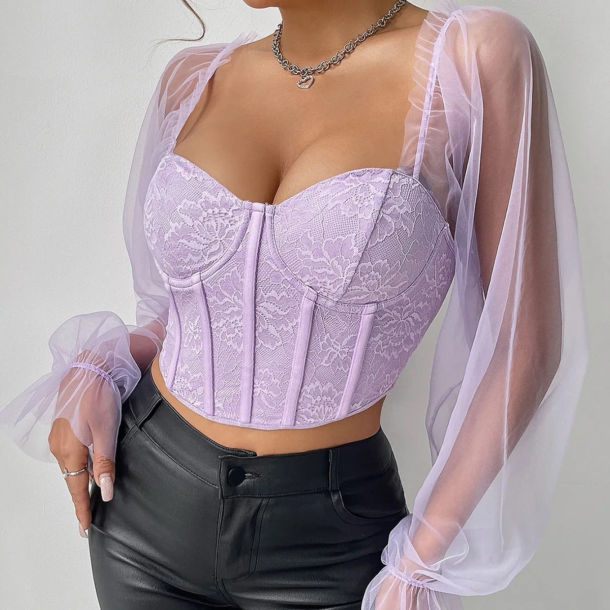 2024 Summer Woman's Corset Tops Pink Gauze Long Sleeve Cropped Top Sexy Sheer Bustier Slim Lingerie Tank Top Bodyshaper Camisole