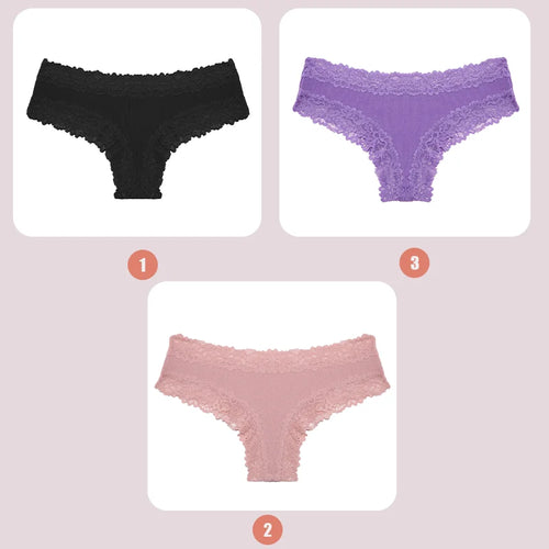 3PCS Lace Seamless Cotton Panties Ribbed Brazilian Pants Low Waist