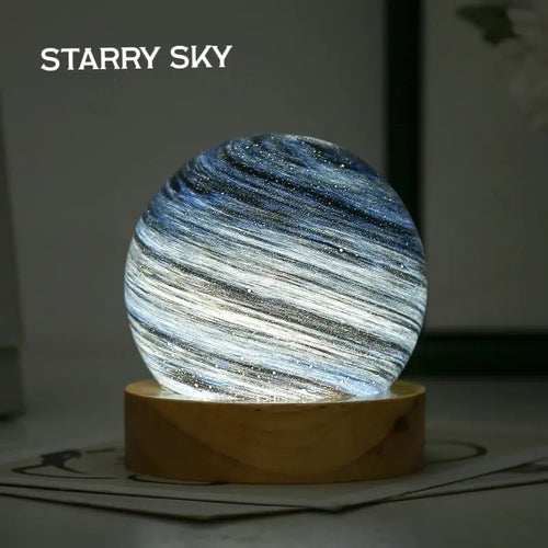 3D Moon Glass Lamp USB Powered Planet Mini Night Light With Wooden