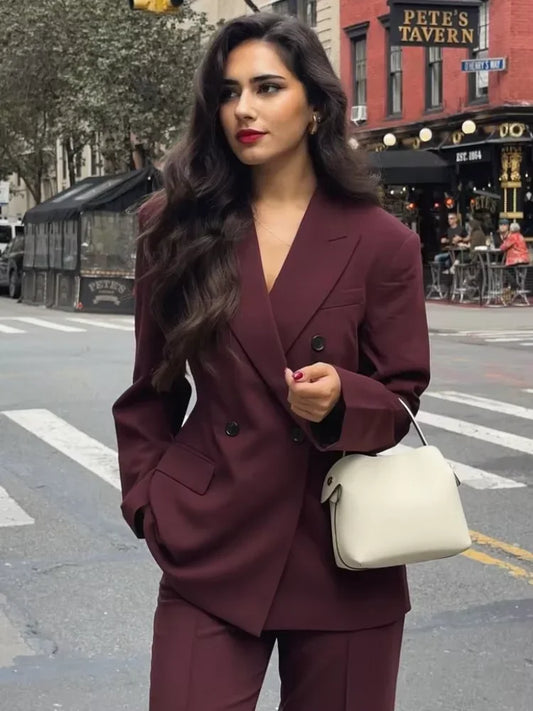 Women Burgundy Red Blazers Coats Vintage Lapel Double Breasted Long