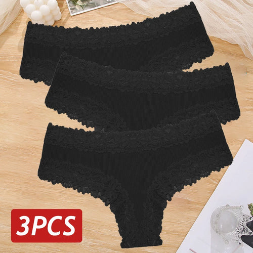 3PCS Sexy Lace Panties Women Cotton Underwear Low Rise Solid Color