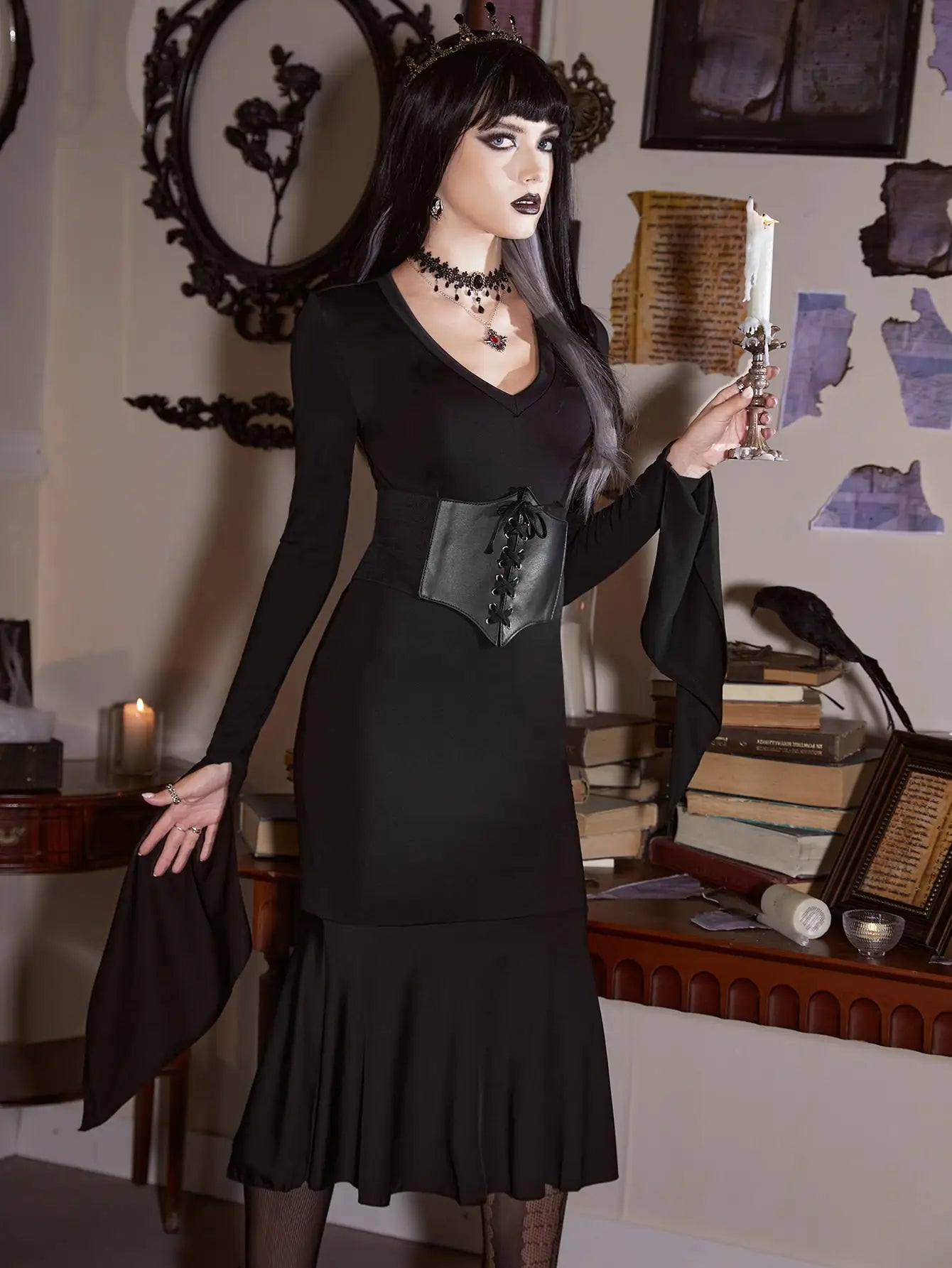 American Senior Sense Autumn and Winter New Dark Velvet Dress Small