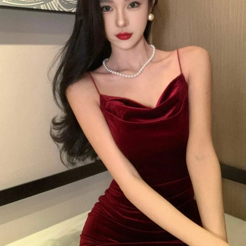 Vintage Sexy Club Prom Red Dresses for Women Spaghetti Strap Slit