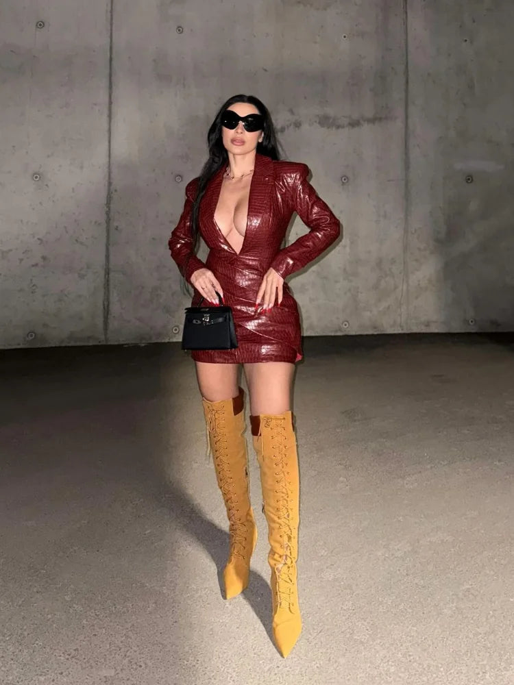 Women Sexy Deep V Red Lattice Leather Mini Dress Fashion Long Sleeve