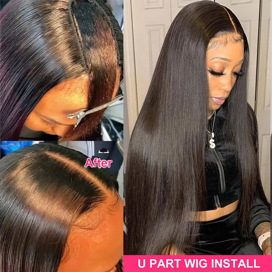 U Part Wig Human Hair With Clips No Leave Out Bone Straight Half Wigs