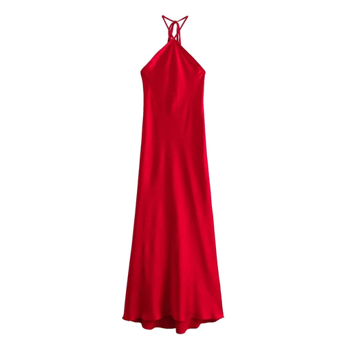 TRAF 2024 Halter Long Dresses for Women Backless Satin Dress Woman Off