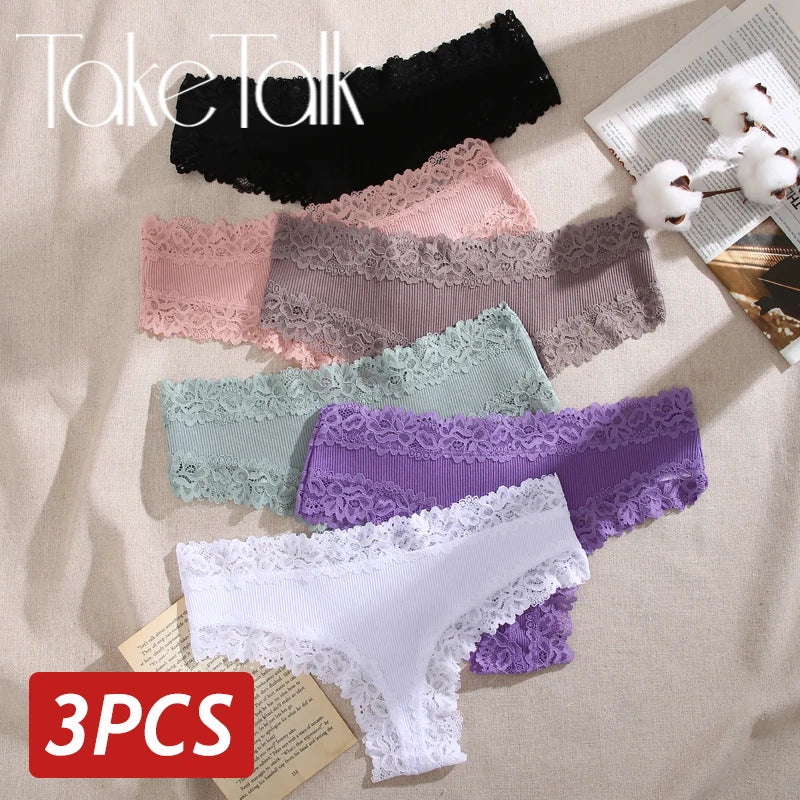 3PCS Sexy Lace Panties Women Cotton Underwear Low Rise Solid Color