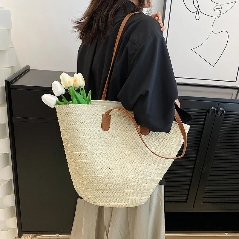 Women's Large Capacity Shoulder Bag Summer Straw Woven Basket Handbag