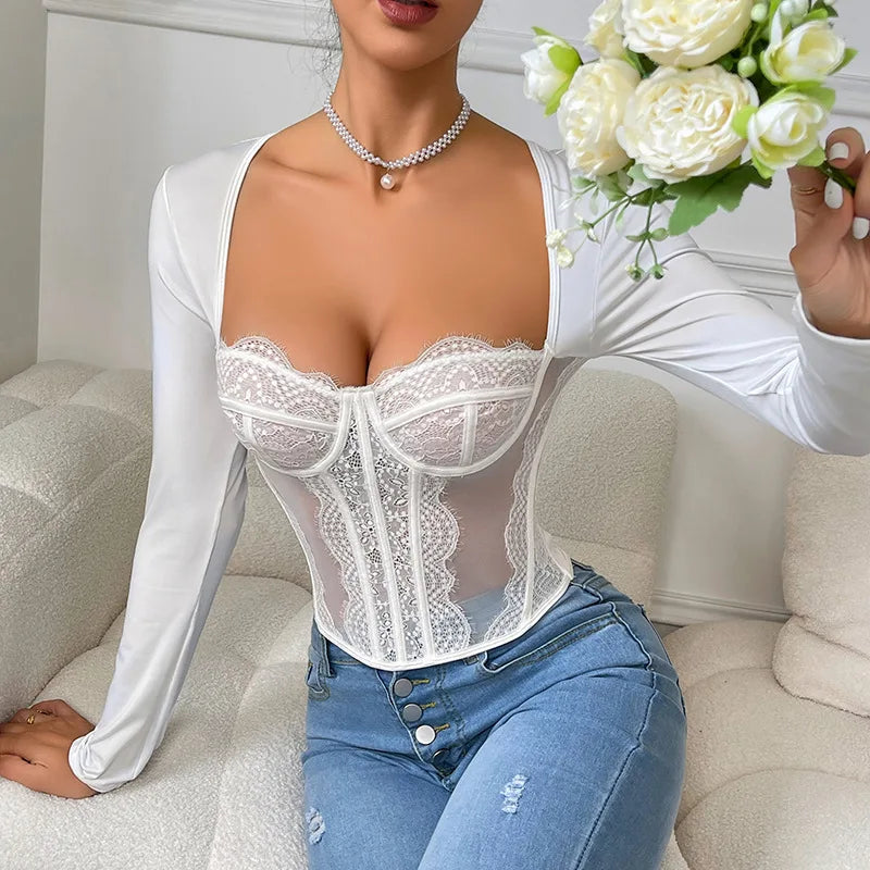 White Lace Mesh Bones V-Neck Corset Tops Sexy Long Sleeve Top Women Elegant Pure Color Slim Fitted Bodyshaper Tank Top Camisole