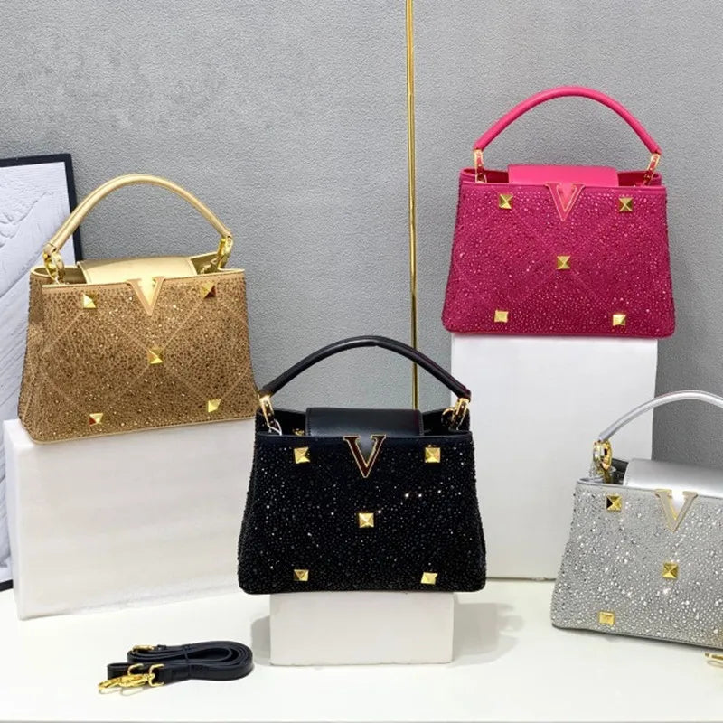 2024 Luxury Fashion Diamonds Women's Handbags Ladies Leather Rivets