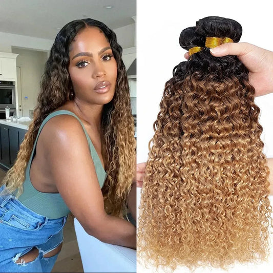 15A Brazilian Kinky Curly Human Hair Bundles Ombre Blonde Colored