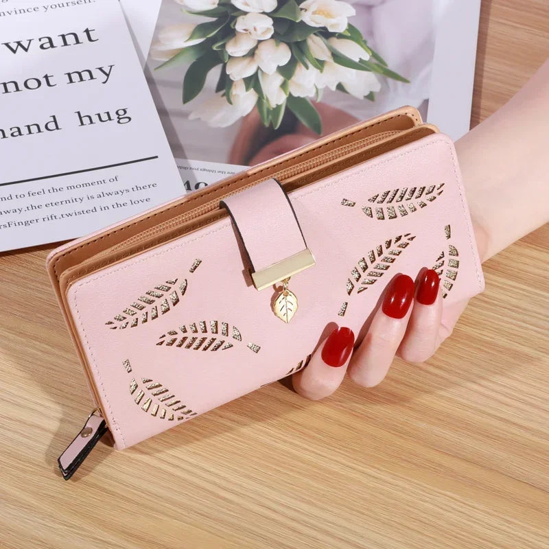 Women Wallet PU Leather Purse Female Long Wallet Gold Hollow Leaves