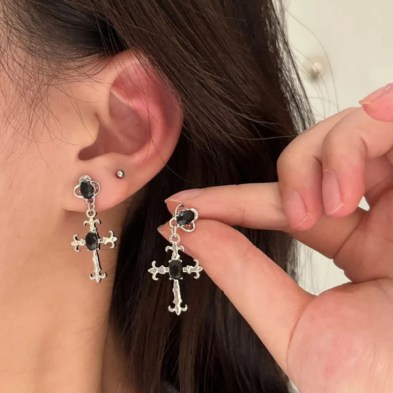 Gothic Cross Black Drill Drop Earrings Women Punk Halloween Jewellery