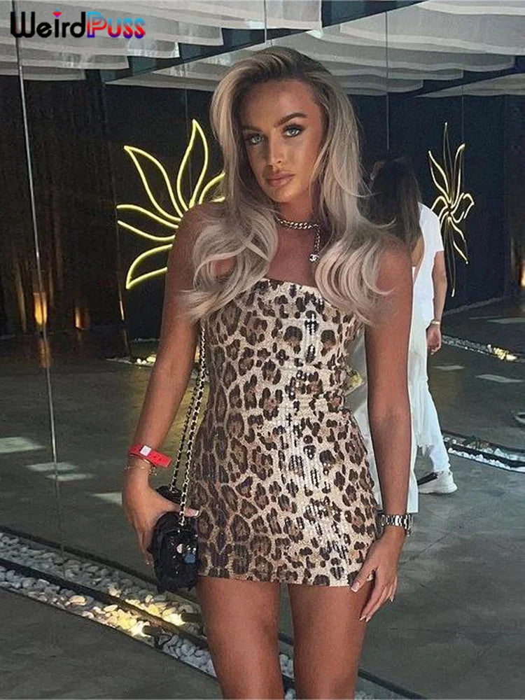 Weird Puss Leopard Print Sexy Dress Women Sequins Hipster Summer