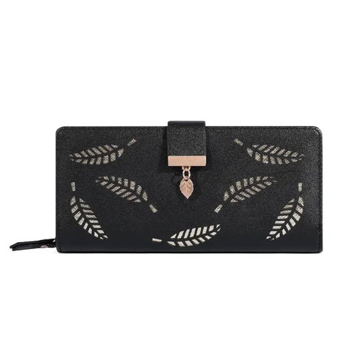 Women Wallet PU Leather Purse Female Long Wallet Gold Hollow Leaves