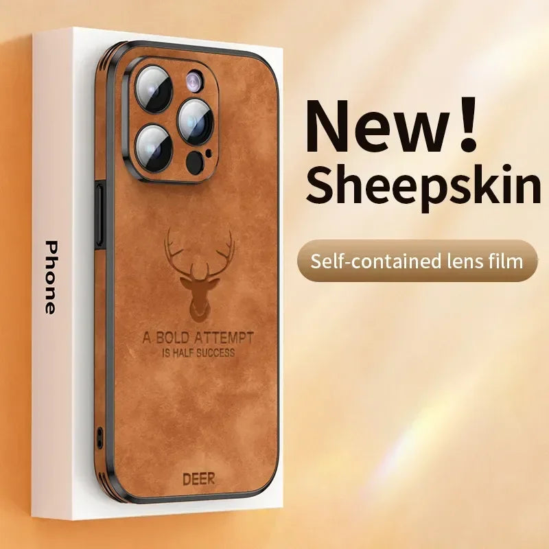 Luxury Deer Leather Phone Case For iPhone 14 13 12 15 Pro Max Lens