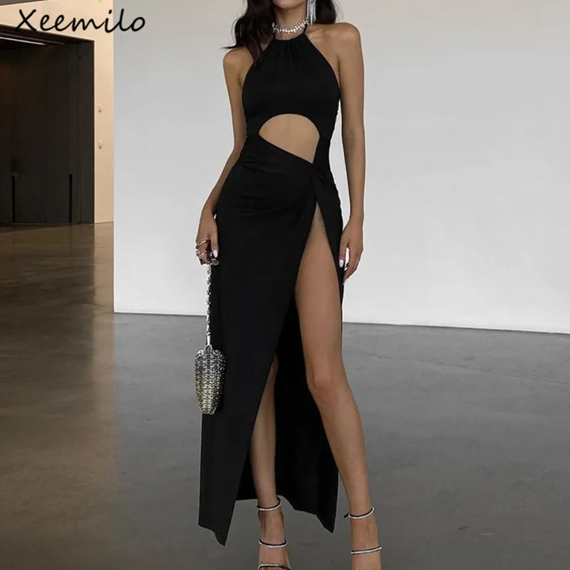 WhereMery Sexy Prom Party Black Long Dress Elegant Waist Hollow Out