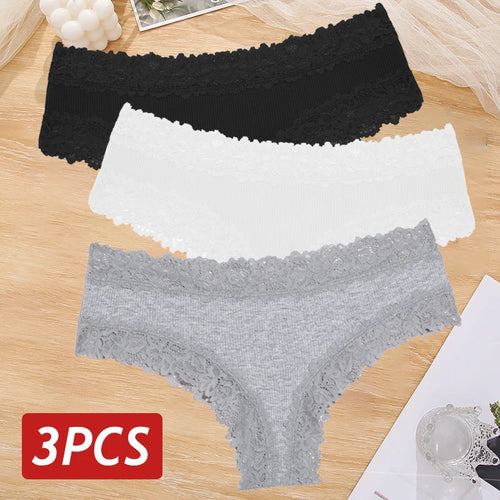 3PCS Sexy Lace Panties Women Cotton Underwear Low Rise Solid Color