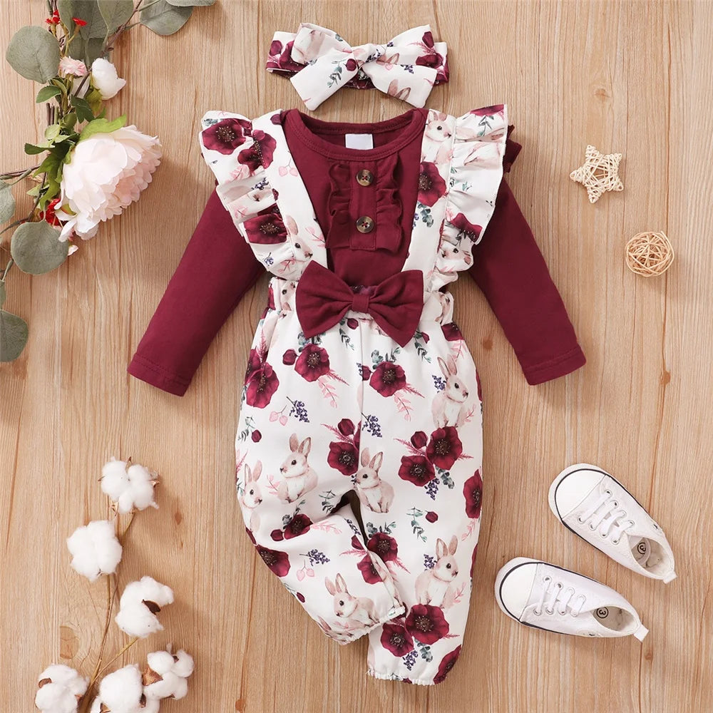 0-18Months Baby Girl Clothes Set Red Color Long Sleevs Bodysuit +