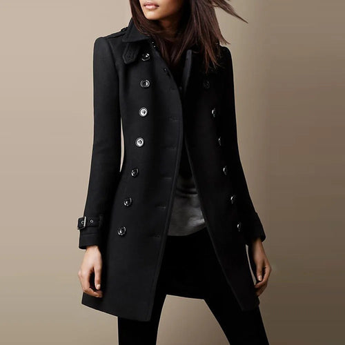 Autumn Winter Turn-down Neck Woolen Jacket Coat Women Fashion Black