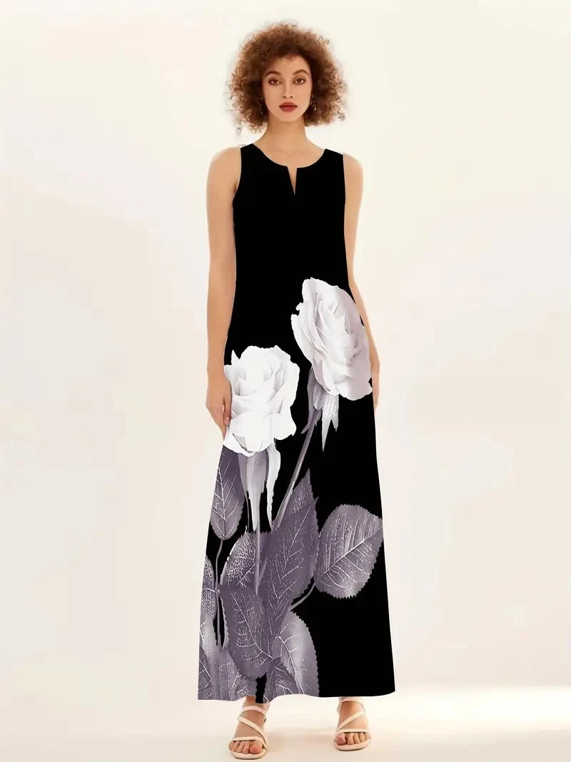 2024 New Summer Women's Sleeveless V-neck Printed Sexy Long Dress for