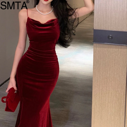 Vintage Sexy Club Prom Red Dresses for Women Spaghetti Strap Slit