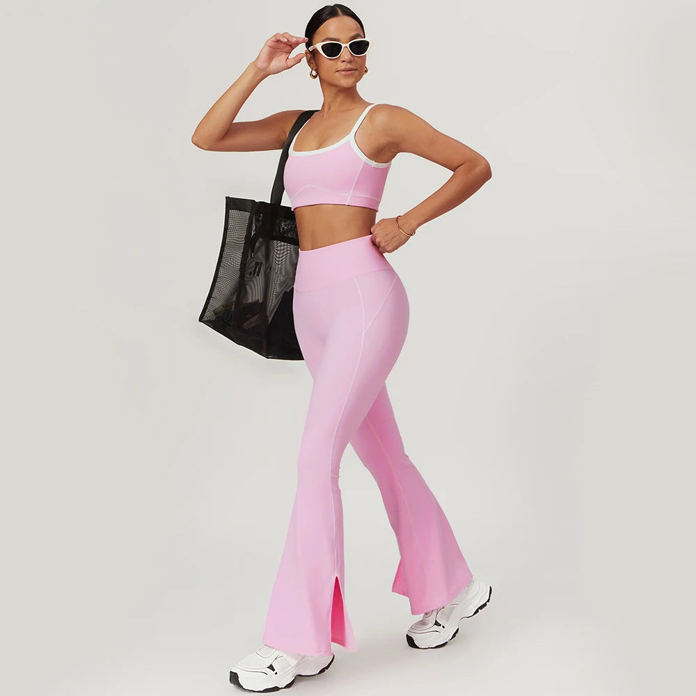 Yoga Set Women Sport Bra Gym Workout Legging High Waist Wide Flare