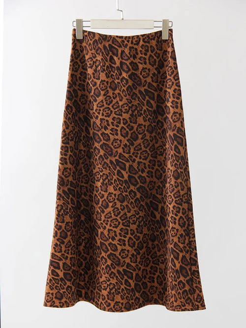 Winter Leopard Print Suede Skirt Long Women Autumn Vintage A Line