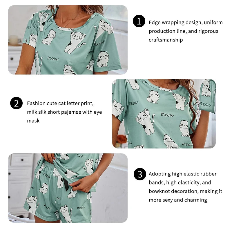 Women Pajamas Sets Short Sleeve Nightwear Top and Pants Sleepwear 2