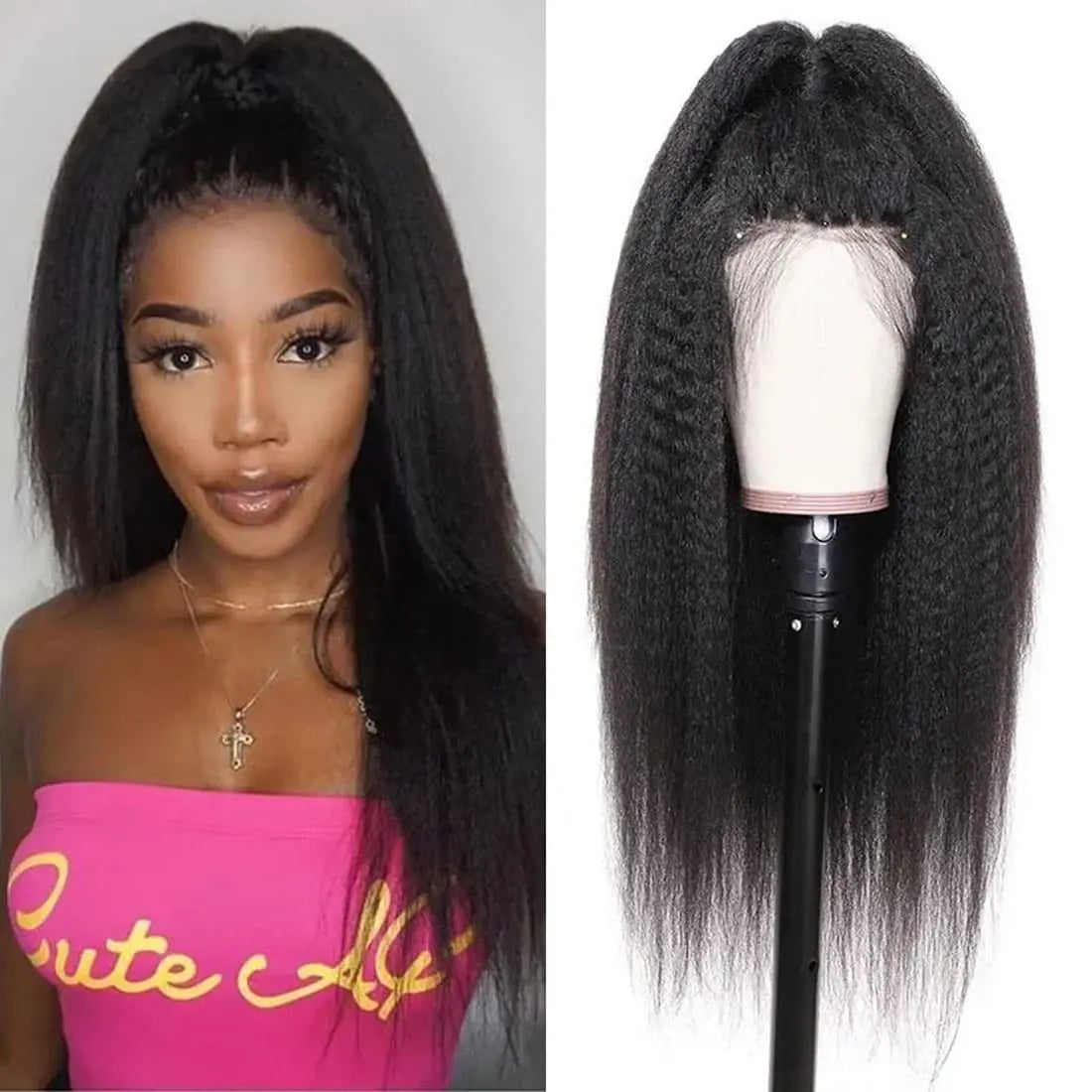 Yaki Black 30Inch Long Kinky Straight Lace Front Wig For Women With