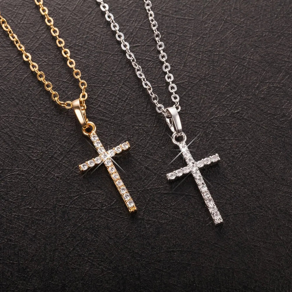 Cross Pendant Rhinestone Inlay Adjustable Necklaces Women Solid Color