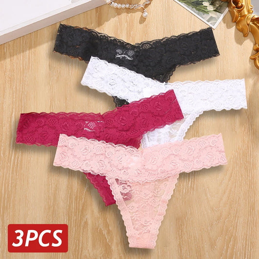 3PCS Sexy Lace G-string for Women Panties Transparent Floral Thongs