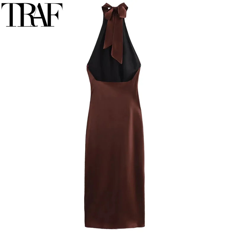 TRAF Halter Satin Long Dress Women Tied Backless Brown Midi Dress