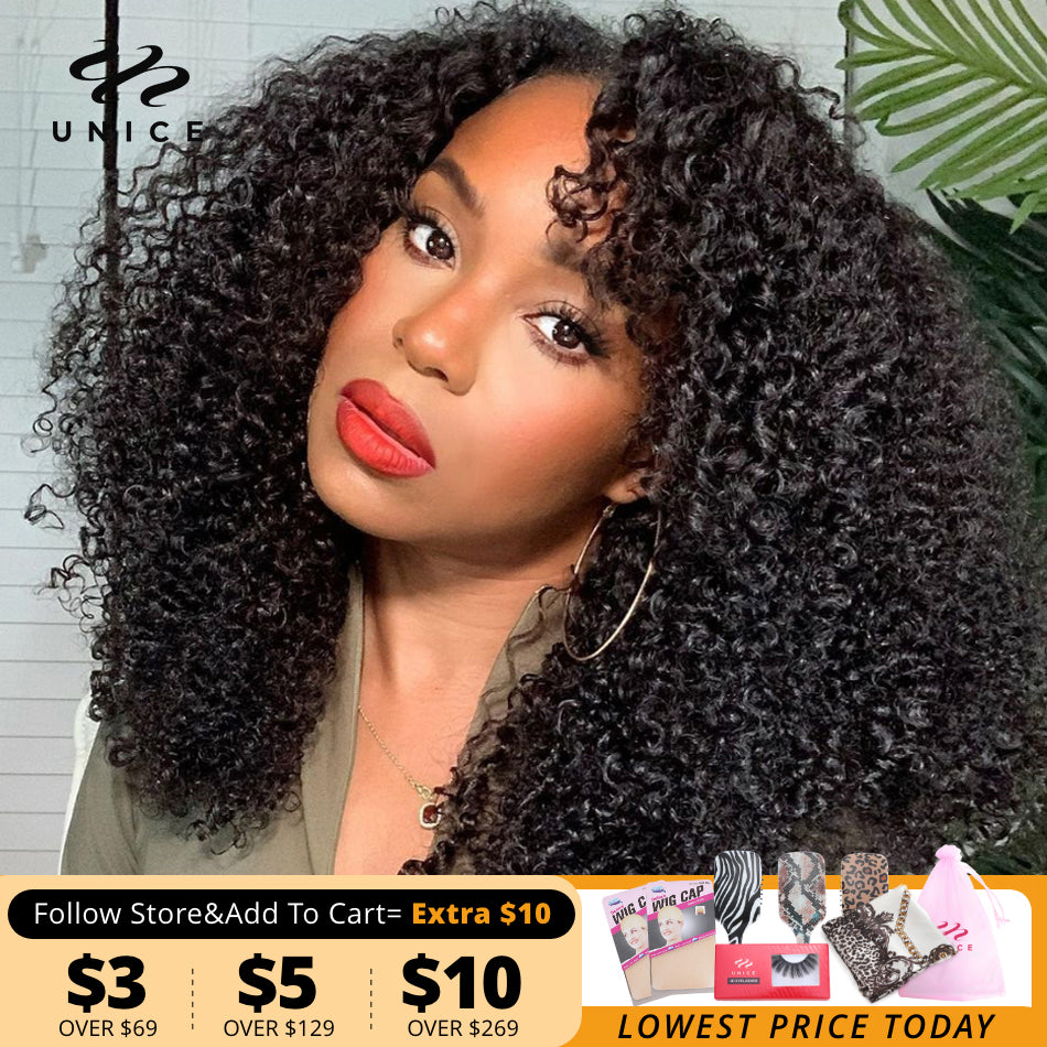 Unice Hair Kinky Curly Wig V Part Wig Human Hair Glueless Upart Wig No