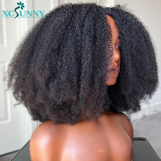 V Part Human Hair Wig With Clips No Leave Out Afro Kinky Curly Wig